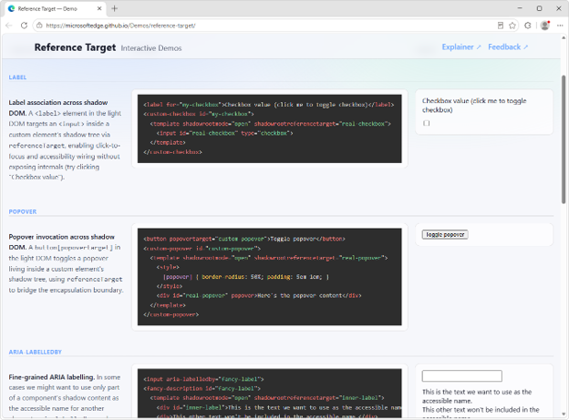 「referenceTarget」のデモ。Shadow DOM内の要素にラベルを関連づける