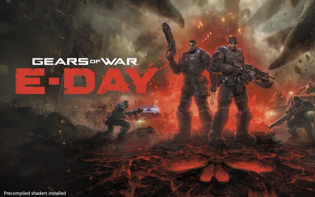 「ASD」対応の「Gears of War: E-Day」の起動画面。ゲームの起動ウィンドウに『プリコンパイル済みシェーダーがインストールされています』という旨が表示される