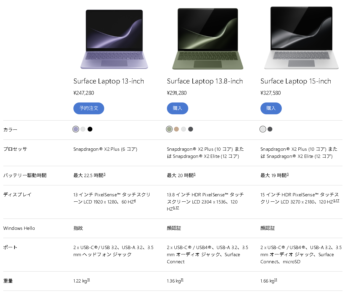 「Surface Laptop」のラインナップ。旧製品から外見に大きな変化がなく、見た目で違いを伝えづらい
