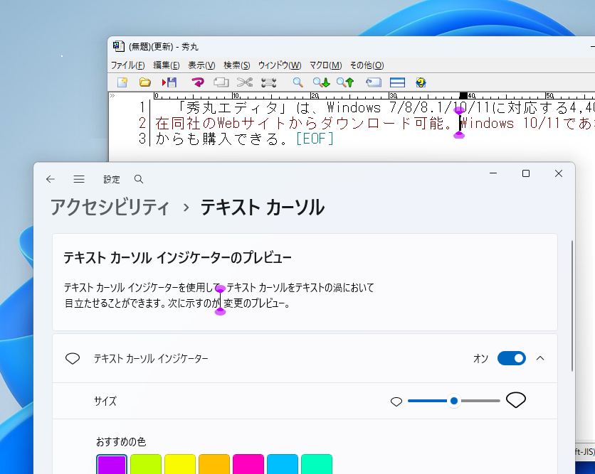 Windows 11の「テキスト カーソル インジケーター」に対応