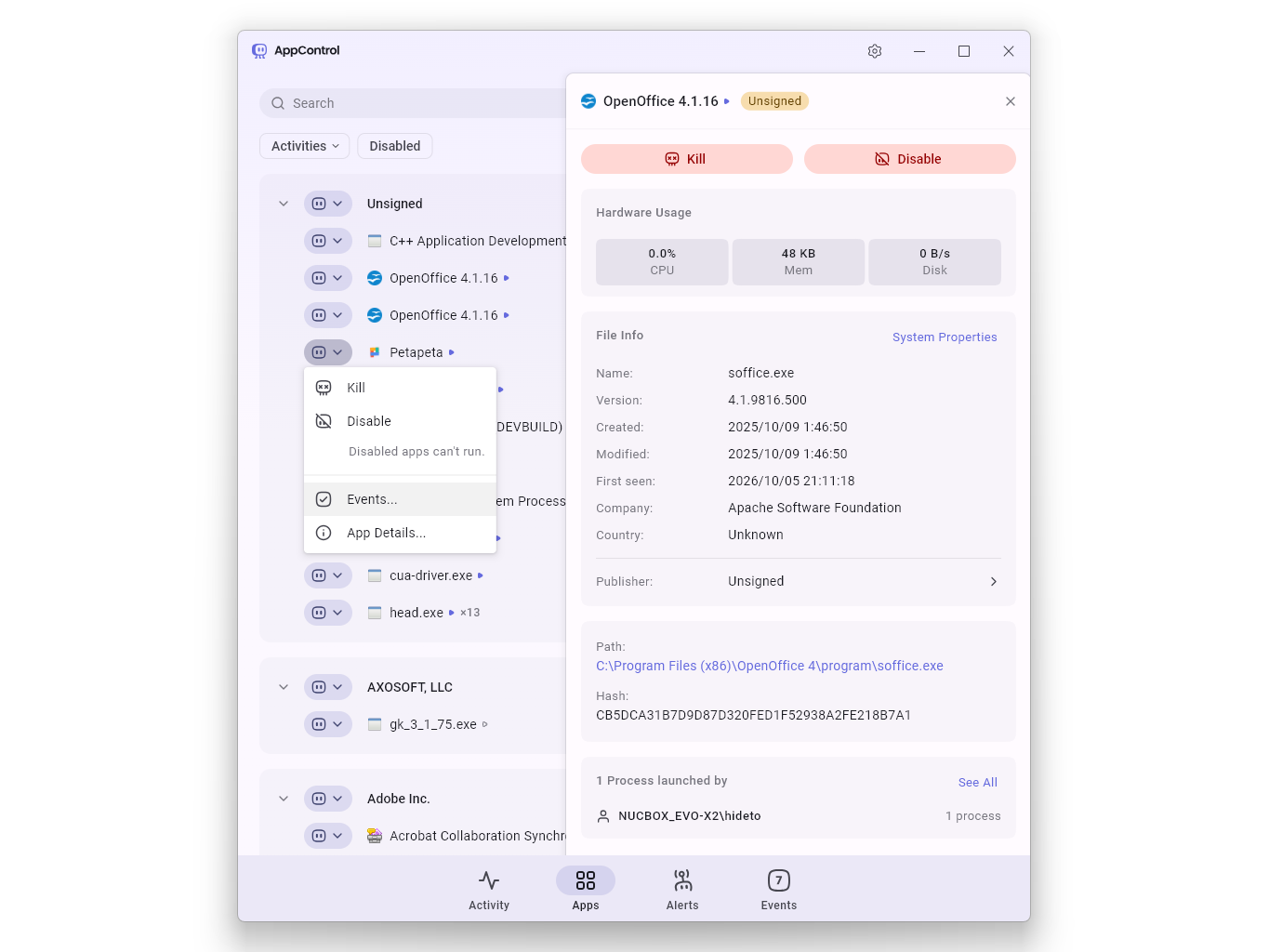 ［Apps］画面。PCで動いているアプリを一覧し、チェック＆コントロールする