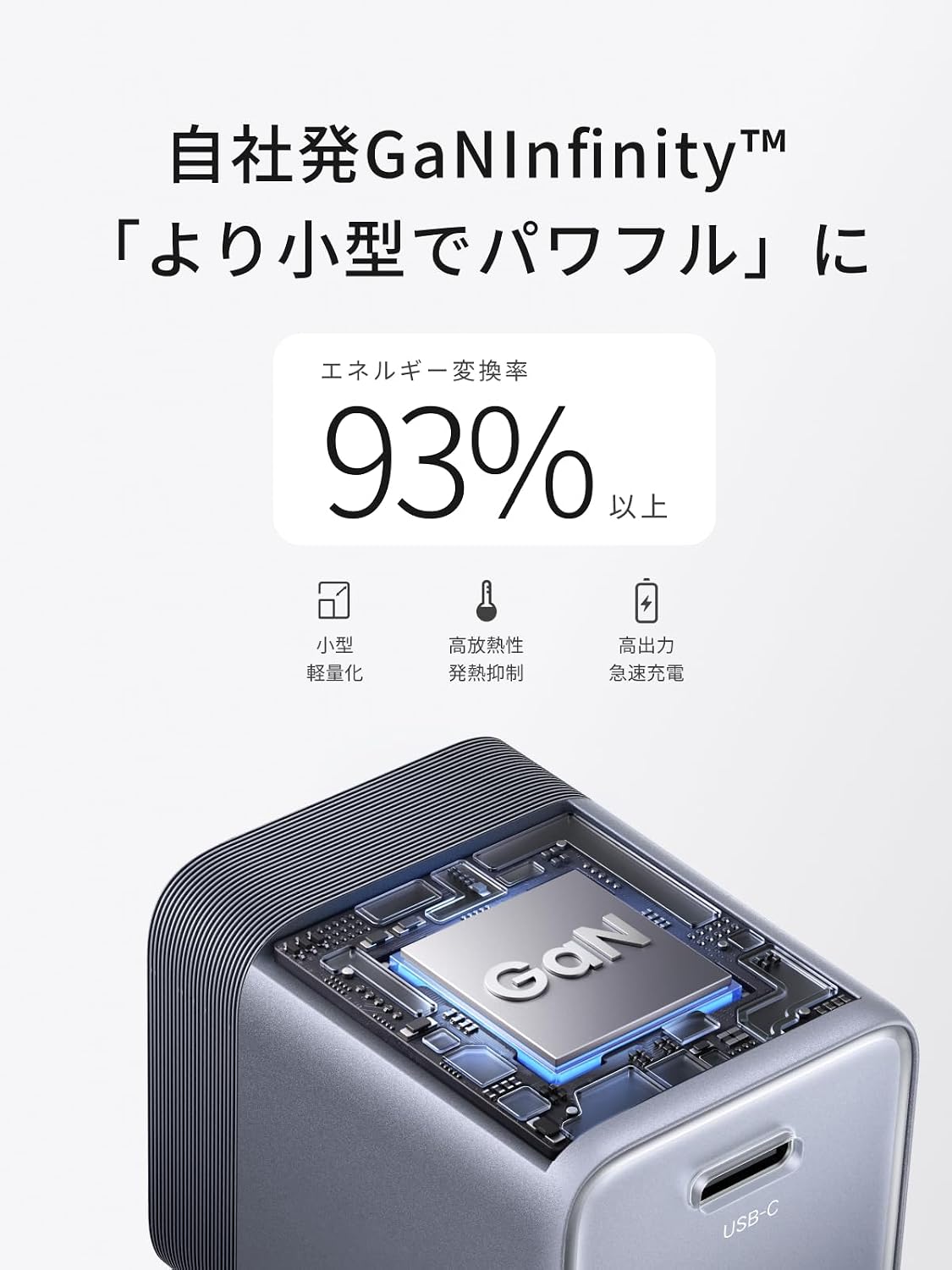 UGREEN独自のGaN（窒化ガリウム）を採用したチップ「GaNInfinity」を採用している