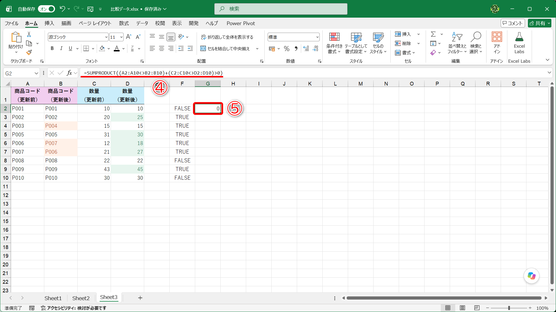 セルG2に「=SUMPRODUCT((A2:A10<>B2:B10)+(C2:C10<>D2:D10)>0)」（④）と入力すると、結果は「0」となります（⑤）