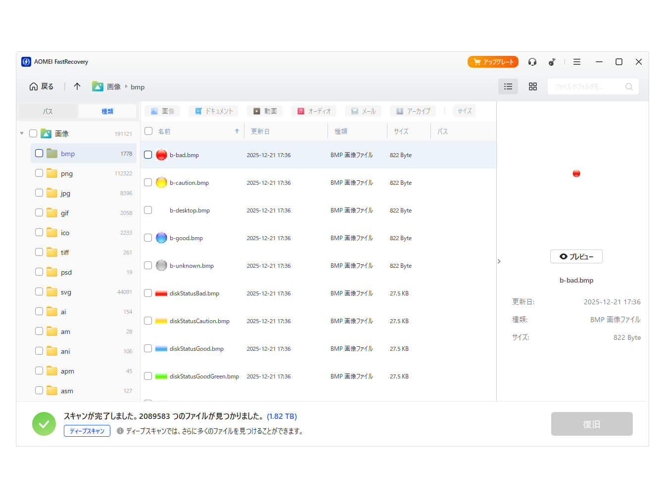 スキャン結果はファイルの種類別に確認できる。画像を選択すると右側にプレビューが表示される