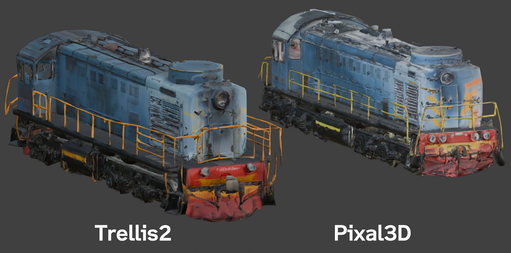 「Trellis2」と「Pixal3D」に同じ画像、シード値、面数（5万）で生成させた例。全体的なプロポーションは「Trellis2」が近いが、細部の再現は「Pixal3D」が上。元画像は<a href="https://commons.wikimedia.org/wiki/File:Locomotive_TEM2M-063_2006_G2.jpg" class="n" target="_blank">Wikimedia</a>より