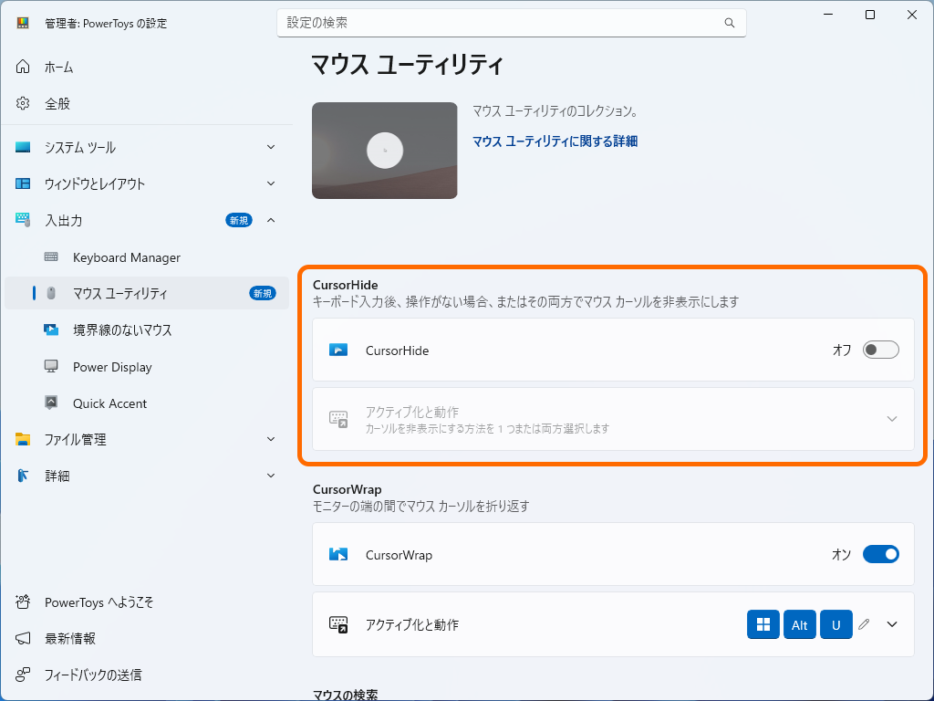 「CursorHide」の設定画面