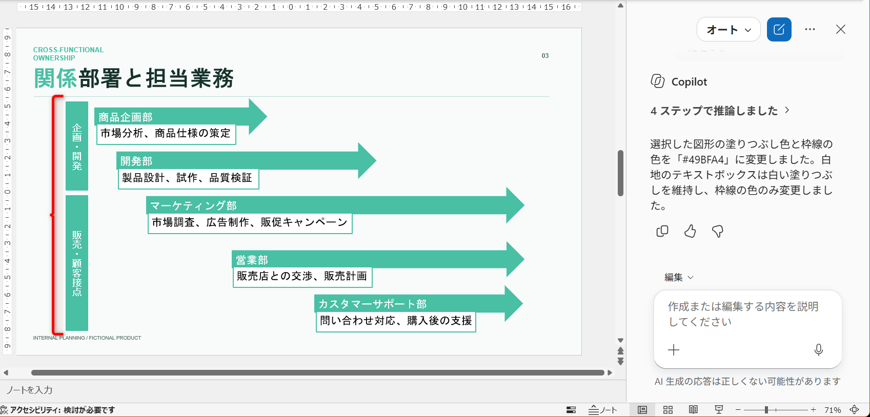 スライドの配色に合わせて、図形の塗りつぶしの色と枠線の色が変更された