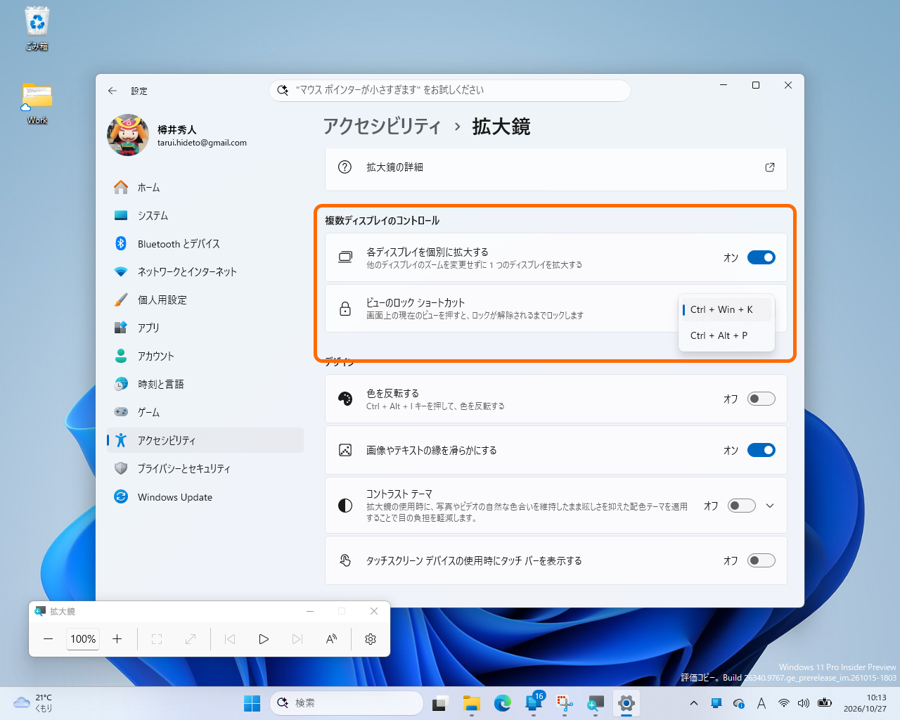 「設定」アプリの［アクセシビリティ］－［拡大鏡］画面。複数ディスプレイのコントロール