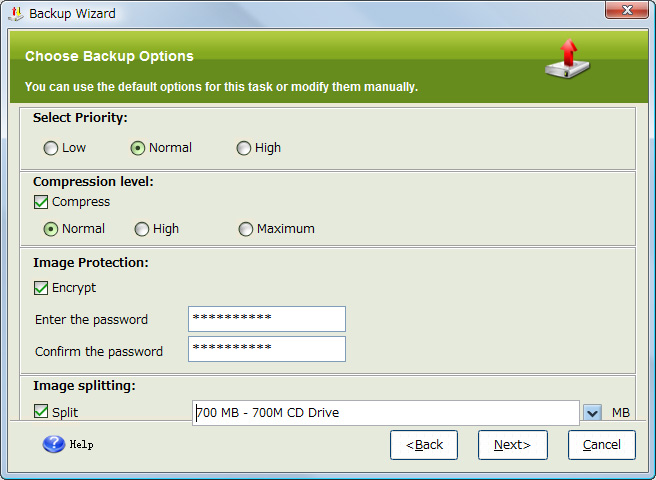 イメージファイルにパスワードをかける機能や分割保存機能も備える