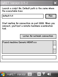 “haret.exe”の実行画面。［Run］ボタンをタップするとAndroidが起動する