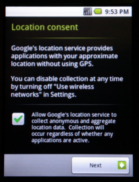 最後に、ロケーション情報利用の可否についてチェックボックスで確認した後、［Next］ボタンをタップすれば初期設定は完了だ