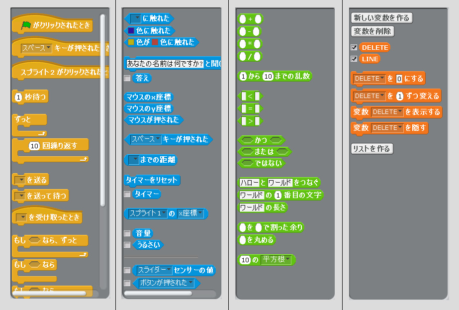 8つの項目に分類されたブロックを組み合わせてプログラムを作成する