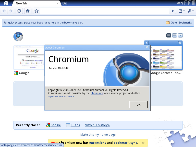 Webブラウザーは「Chromium」v4.0.253.0。拡張機能やブックマーク同期機能は利用できない模様