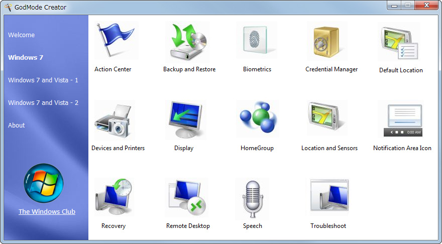 “God Mode”フォルダ内に含まれる一部の機能を個別利用するための特殊フォルダも作成できる