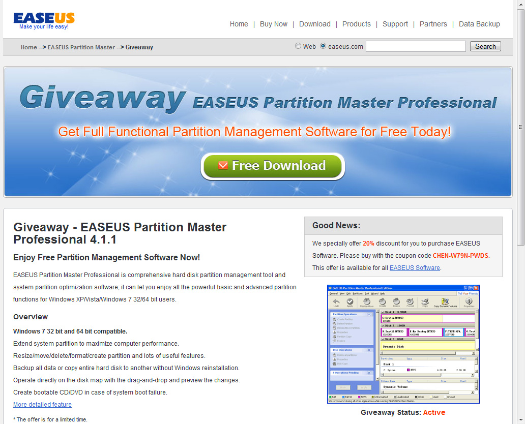 「EASEUS Partition Master Professional」v4.1.1の配布サイト