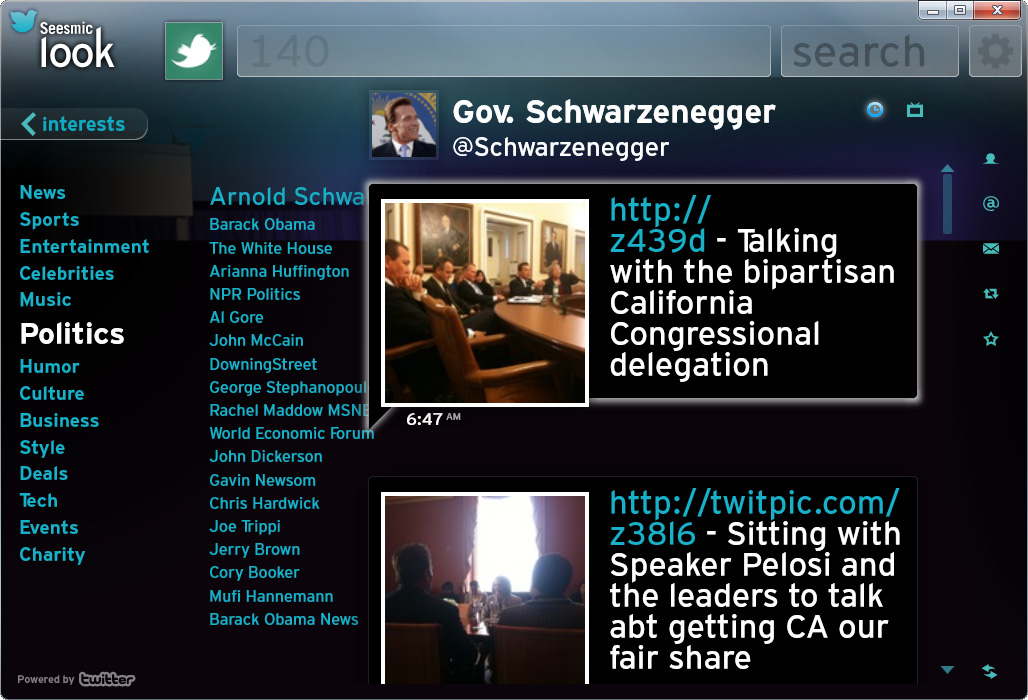 “interest”内の“Politics（政治）”カテゴリから米カリフォルニア州のシュワルツネッガー州知事のつぶやきを表示