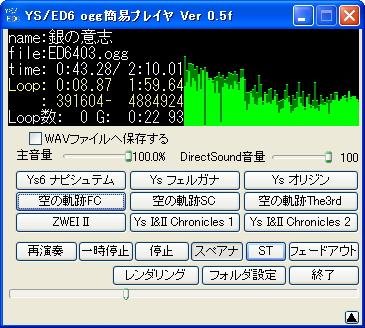 「YS6/YSF/YSO/ED6FC/ED6SC/ED6TC/ZWEI II/Ys I&II Chronicles用Oggファイル再生簡易プレイヤソフト」v0.5f
