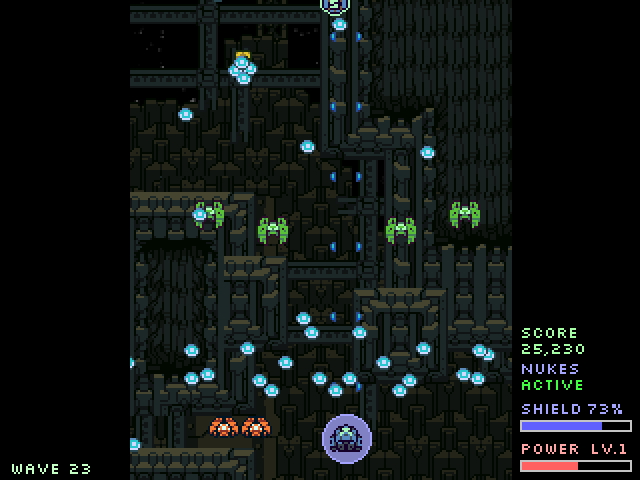 青い敵弾をバリアで防ぐとショットが強化される