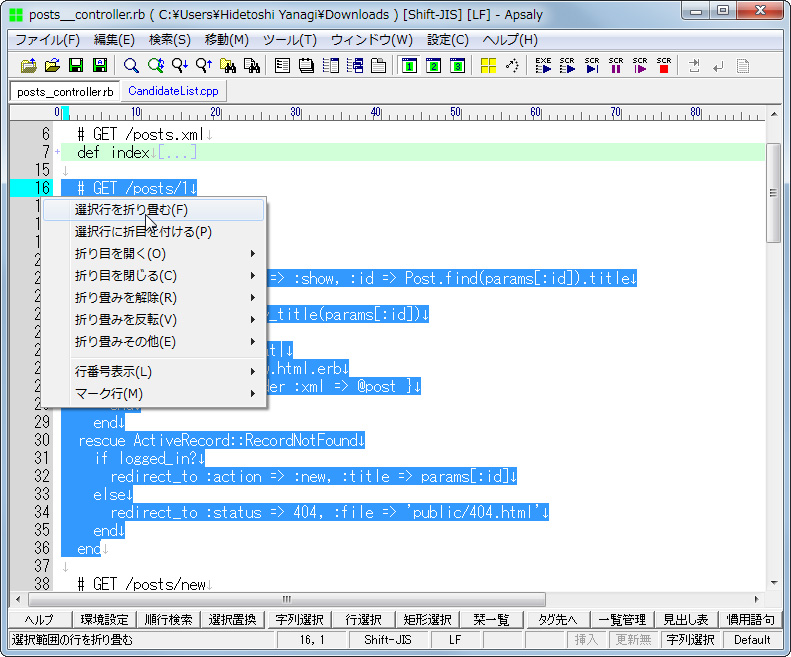 ［編集］－［折り畳み］メニュー