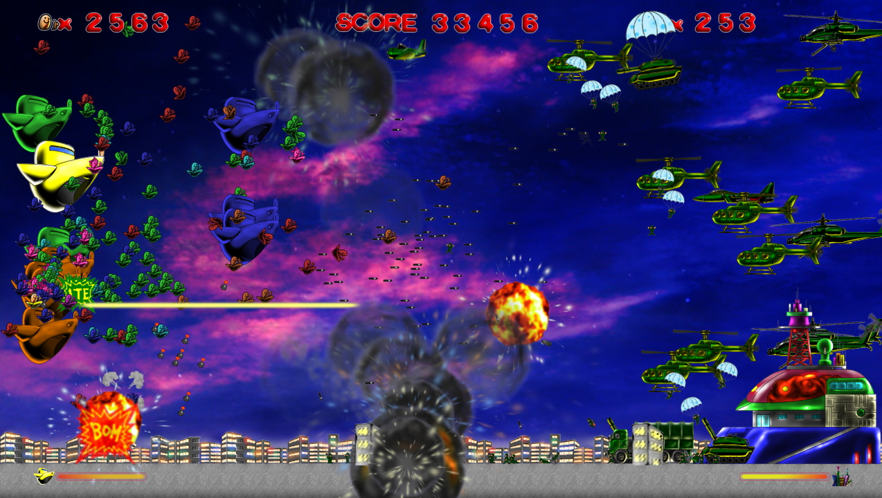 仲間は色によって行動が異なり、紫は仲間も巻き込む強力なレーザーを出す