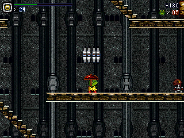 シールドは敵弾以外にも落下するトゲを防いだりとさまざまな場面で役立つ