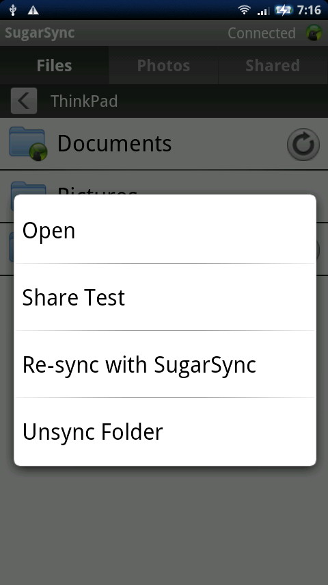 フォルダのタップ＆ホールドで同期指定が可能。この画面は同期設定済みのフォルダを再同期しようとしているところ
