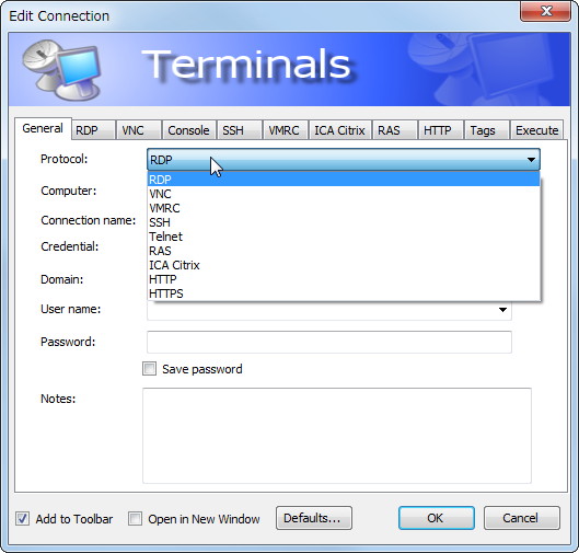 “リモートデスクトップ接続”に加え、“VNC”“SSH”“Telnet”といったほかのリモートPC接続のプロトコルにも対応