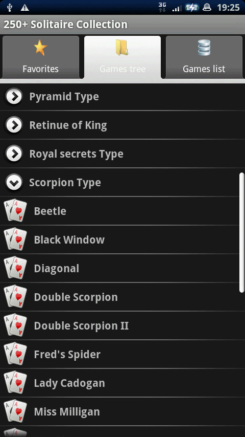 各ゲームがタイプ別に分類されたリスト