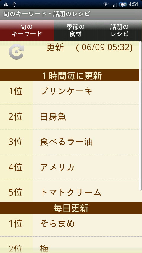 “旬のキーワード”画面。人気のキーワードや季節の食材別の検索が行えるほか、話題のレシピを確認できる