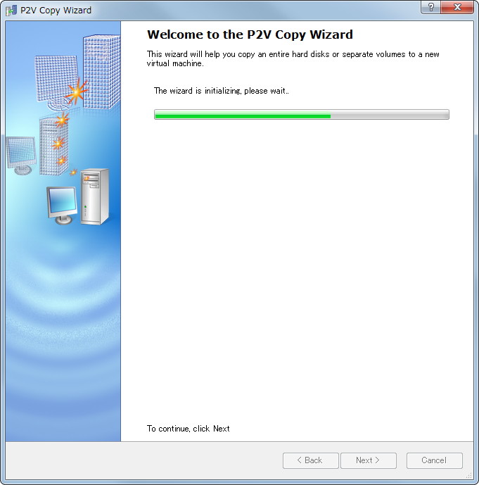1. 変換作業はウィザード形式で簡単に行える。今回は、既存のWindows XP環境を「Virtual PC 2007」形式へ変換してみた