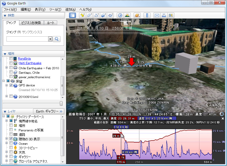 GPSログの高度と速度を折れ線グラフで表示