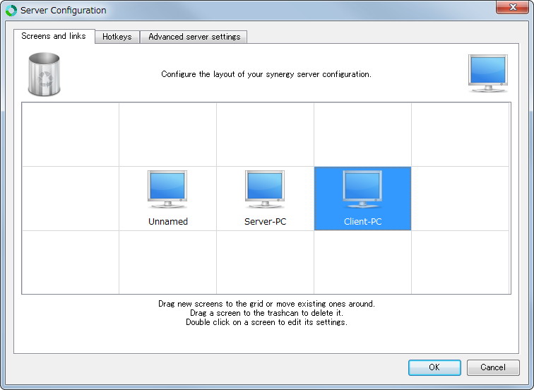 ［Screens and links］タブでクライアントPC（操作される側のPC）を登録しスクリーンの配置方法を指定