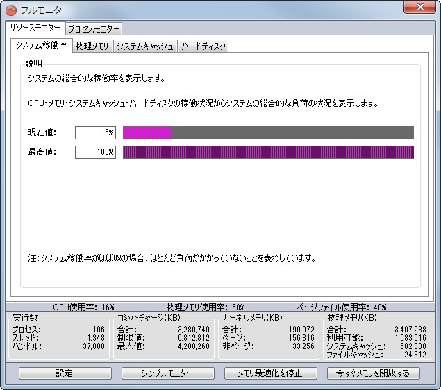 システム全体の稼動状況を監視できる“リソースモニター”機能