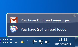 “Gmail”“Google リーダー”を定期的にチェックして、独自のポップアップウィンドウで未読数を通知