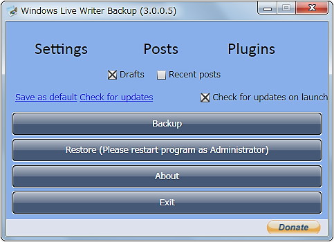 「Windows Live Writer Backup」v3.0.0.5