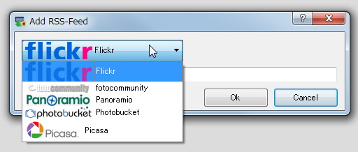“Flickr”や“Picasa ウェブ アルバム”など5サービスのRSSを登録できる