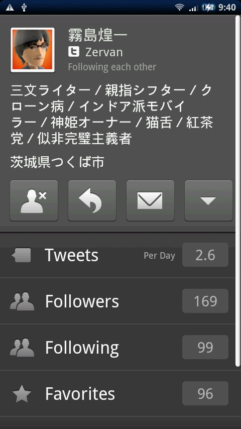プロフィール画面。投稿ツイート数が1日あたりの平均値になっているのが面白い。フォローするかどうかの目安として利用できそうだ