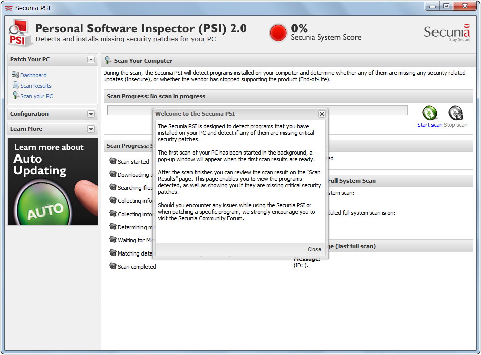 ［Start Scan］ボタンを押すと、PCへインストール済みのソフトのバージョンを一括でチェックできる