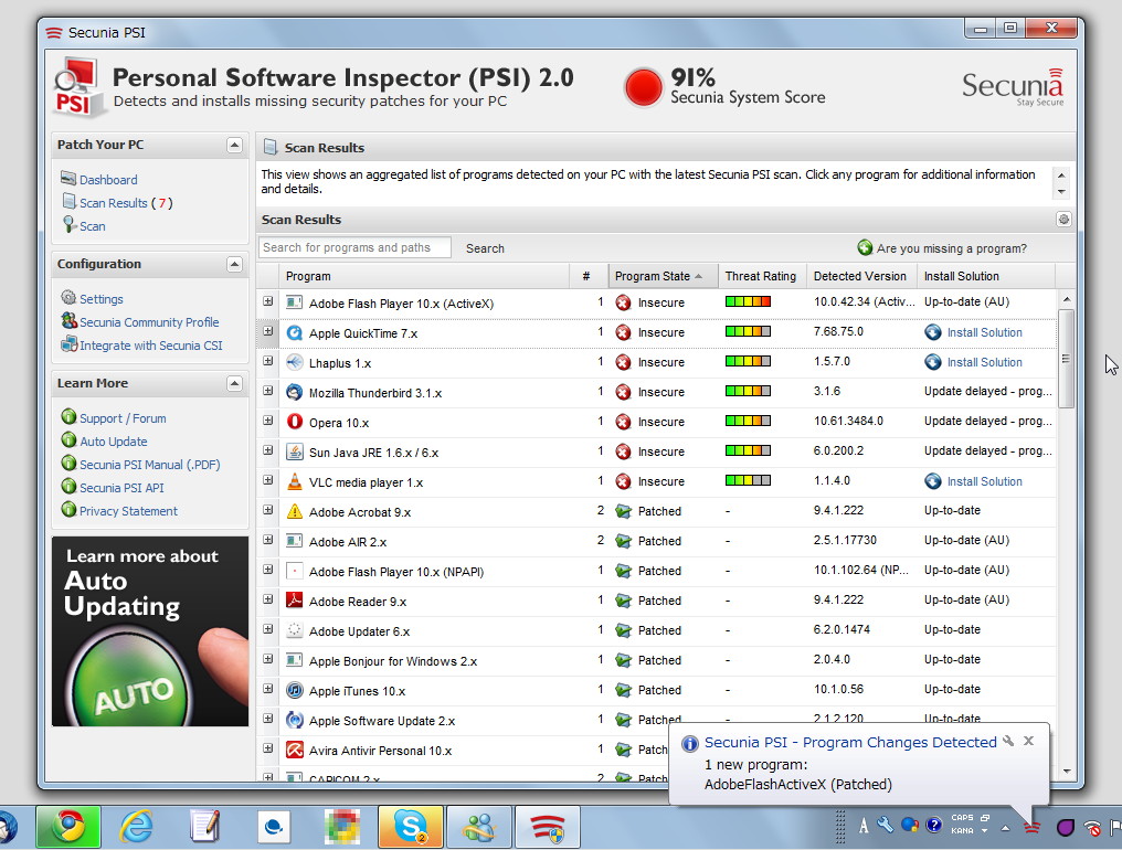 サイドバーにある“Scan Results”画面で最新版ではないソフトの確認。「Adobe Flash Player」プラグインやJavaランタイム（JRE）などは自動でアップデートされている