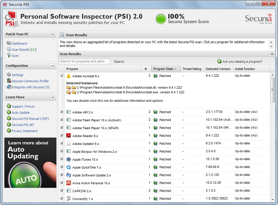 自動アップデートに対応していないソフトでも、“Install Solution”リンクをクリックすれば、最新版のインストーラーをダウンロードしたり、最新版の公開ページをWebブラウザーで開くことが可能。すべてを最新版にすると、スコアは100％になった