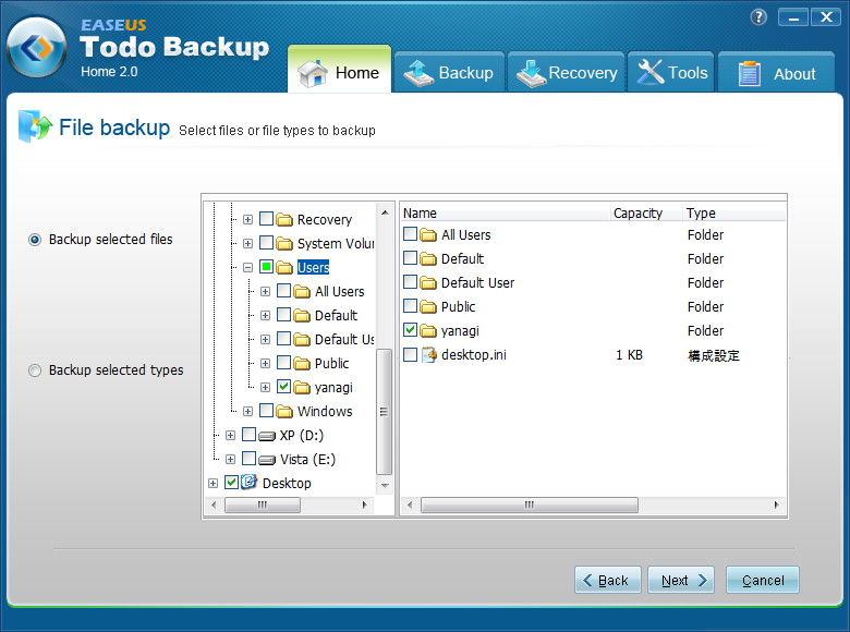 フォルダツリーで対象のファイルやフォルダを選択する方式のほか、ファイルタイプを指定してバックアップする方式も選択可能