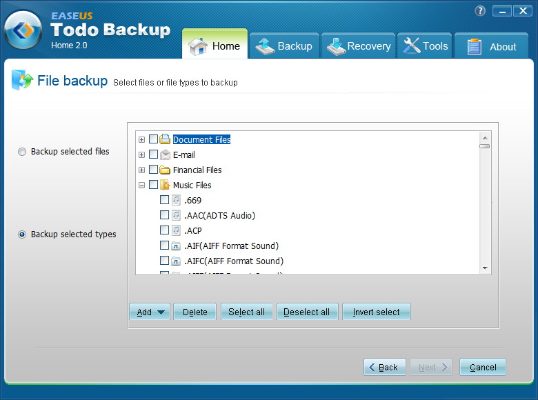 フォルダツリーで対象のファイルやフォルダを選択する方式のほか、ファイルタイプを指定してバックアップする方式も選択可能