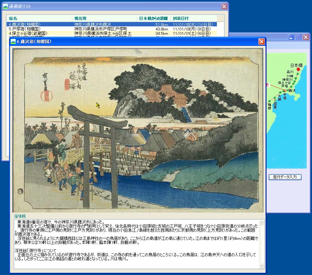 宿場を通過するごとに絵と解説を表示