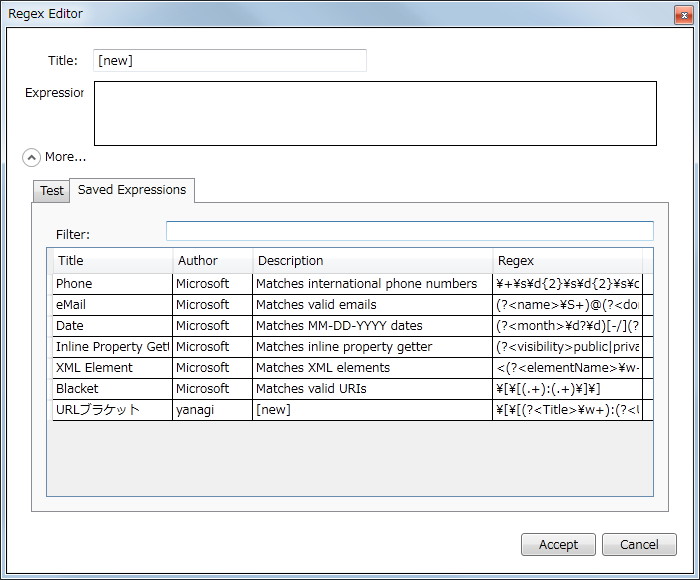 ［Saved Expression］タブでは、一度作成した正規表現や、よく利用される正規表現が登録されている