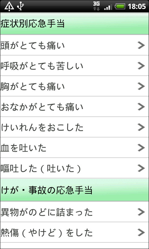 病気の応急手当の方法を症状別の項目で探せる