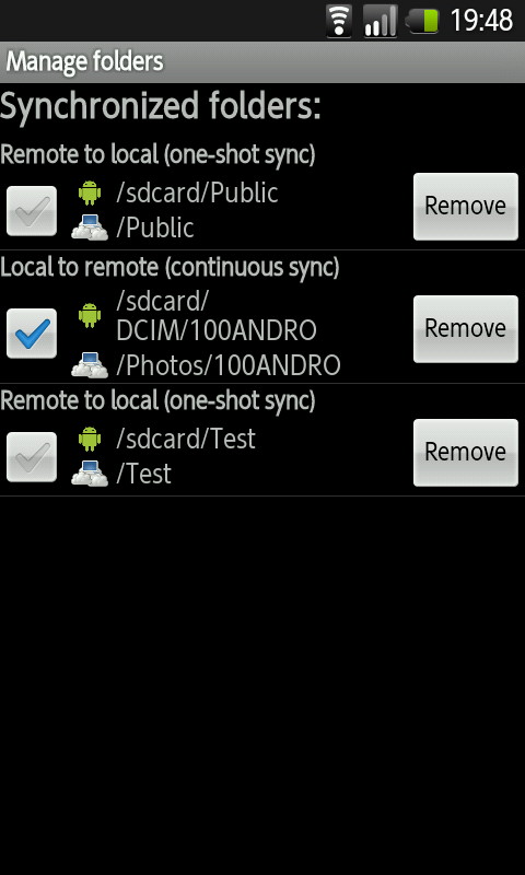 同期指定済みのフォルダを管理できる一覧画面。この画面上から“one-shot sync”の再同期なども可能だ