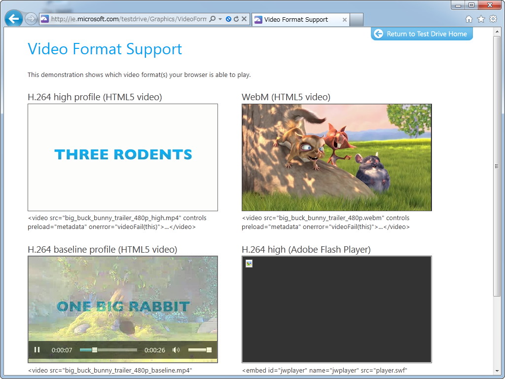 “video”要素。HD画質のH.264動画を再生可能。プラグインを導入すればWebM形式も再生できる