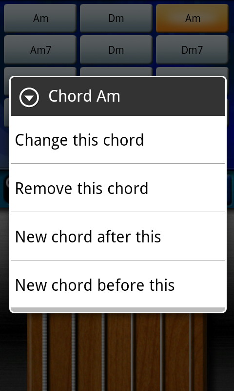 コードボタンを長押しすると表示されるメニュー