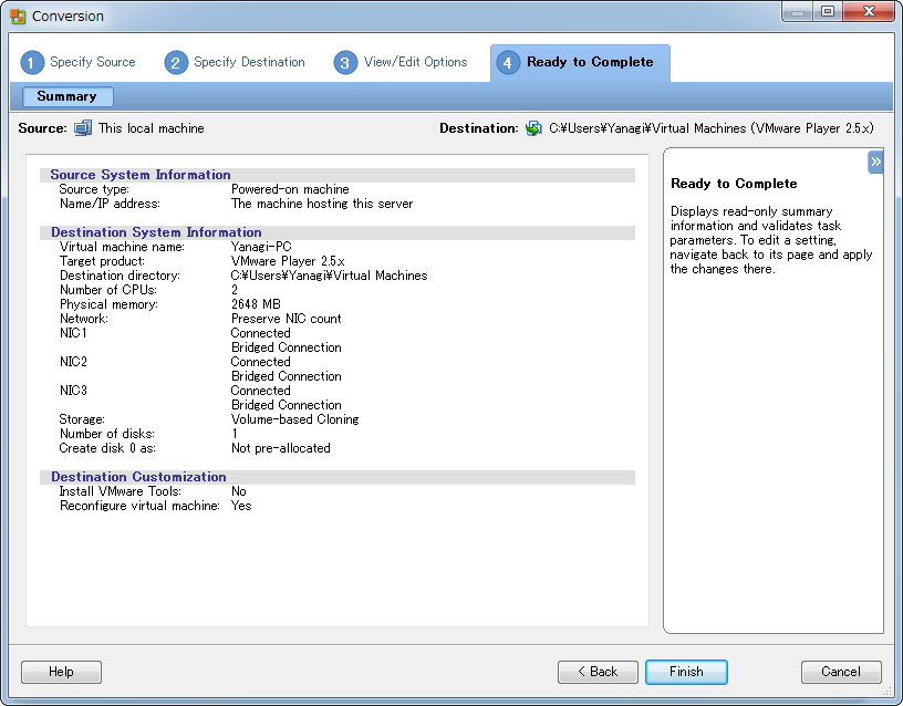 4. 変換設定の確認画面。［Finish］ボタンを押せば変換作業が始まる
