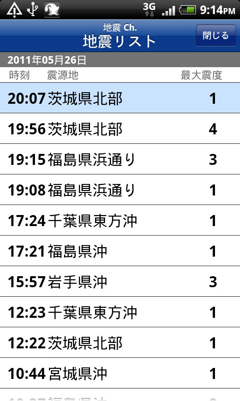地震の履歴をリストで確認可能